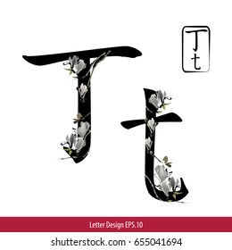 Vector of Letter T, English alphabet in Chinese characters style with Chinese flower painting.