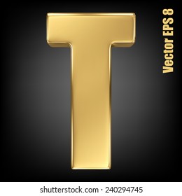 Vector letter T from gold solid alphabet. Uppercase golden font collection. EPS 8