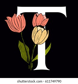 Vector letter T with tulip flower