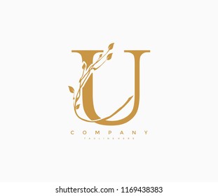 Vector Letter U with Swoosh Ornament Leaf Logo Design