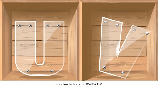 vector letter u and v in wood box 