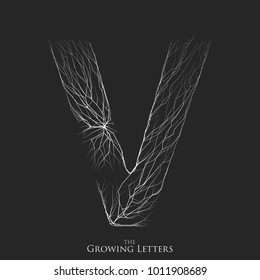 Vector letter V of branch or cracked alphabet. V symbol consisting of growing white lines. Fractured letters. Lighting silhouette of capital letters. Abstract font