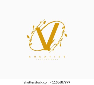 Vector Letter V with Elegant Ring Swoosh Decorative Leaf Vector Logo