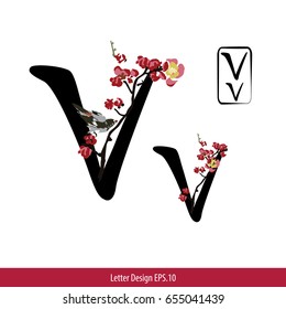 Vector of Letter V, English alphabet in Chinese characters style with Chinese flower painting.