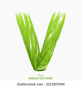 Vector letter V of juicy grass alphabet. Green V symbol consisting of growing grass. Realistic alphabet of organic plants. Spring and ecology typeset illustration