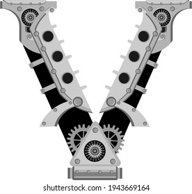 Vector letter V in metal style. An illustration on the subject of the alphabet.