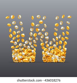 Vector letter W made of coins filling character. Easy to edit