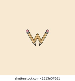 Vector letter W pencil cartoon design template inspiration, vector illustration.Education Object Icon Concept Isolated.Flat Cartoon Style