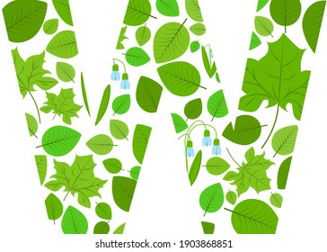 Letra vectorial W de hojas y flores verdes frescas de primavera. Ilustración sobre el tema del alfabeto.