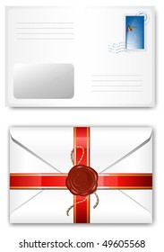 Vector. Carta con sello de cera y sello postal.