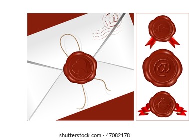 Vector. Letter with wax seal. Set of different wax-seals.