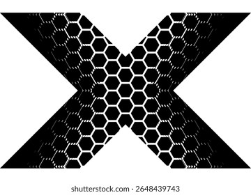 Letra vetorial X. Padrão vetorial abstrato com uma grade de favos de mel brancos hexagonais, preto sobre branco. Fundo do vetor. Para capas, publicidade, embalagens, têxteis.