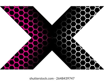 Vector letter X. Abstract Vector pattern of hexagonal purple and white honeycombs, black on white. Vector background. For covers, advertising, packaging, textiles.