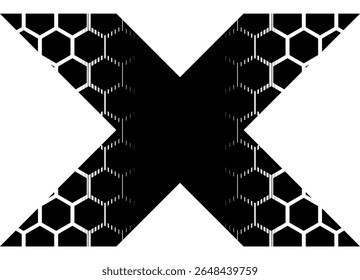 Letra vetorial X. Padrão vetorial abstrato de favos de mel hexagonais, preto sobre branco. Fundo do vetor. Para capas, publicidade, embalagens, têxteis.