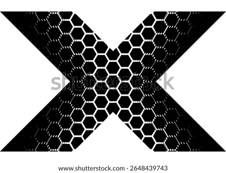 Vector letter X. Abstract Vector pattern with a grid of hexagonal white honeycombs, black on white. Vector background. For covers, advertising, packaging, textiles.