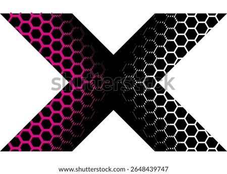 Vector letter X. Abstract Vector pattern of hexagonal purple and white honeycombs, black on white. Vector background. For covers, advertising, packaging, textiles.