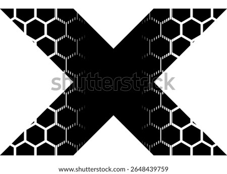 Vector letter X. Abstract vector pattern of hexagonal honeycombs, black on white. Vector background. For covers, advertising, packaging, textiles.