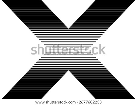 Vector letter X, black striped pattern on white background. Graphic design element for advertising, printing, packaging and interior. Sporty Vector background. Halftone.