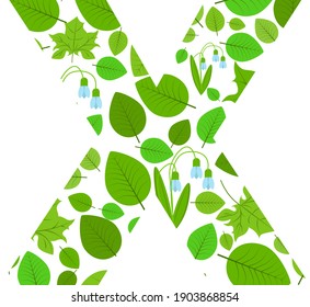Letra vectorial X de hojas y flores verdes frescas de primavera. Ilustración sobre el tema del alfabeto.