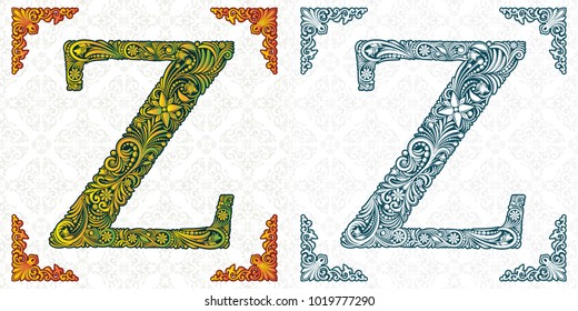 Vector letter Z. Elegant patterned font. Monogram. Alphabet from leaf ornament. Victorian style. Handmade. Template for wedding invitations, postcards, booklets, posters, printing.