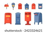 Vector letterboxes set. Red and blue vintage mailboxes, old postboxes isolated on white background. Vector illustrations collection for your design , mail, post concept