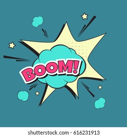 Vector lettering boom, bomb explosion. Color comics text sound effects.