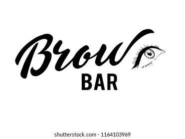 vector lettering of Brow bar text for logotype with female eyes sketch. Illustration on the glass the beauty salon. Brow bar typography banner. EPS 10. Brow bar lettering.Phrase for beauty blogs