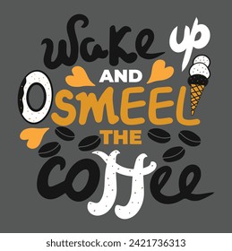 Vector lettering decorated with coffee beans, ice cream, sweets, coffee design. Emblem for banner, poster, card, flyer. Vector text, design element.