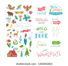 Vector lettering and doodle clipart on nature / travel / wanderlust theme. Brush lettering design and doodle illustrations for poster, mug, bag, sticker, patch, card or t-shirt design.