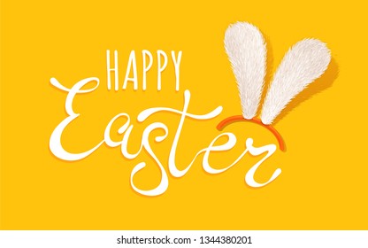 Vector lettering for Easter. Vector banner with lettering Happy Easter with bunny ears.