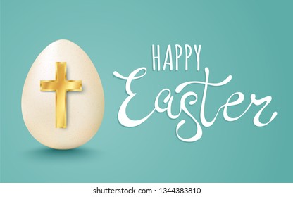Vector lettering for Easter. Vector banner with lettering Happy Easter and egg with golden cross.