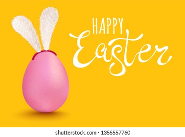 Vector lettering for Easter. Vector banner with lettering Happy Easter. Vector realistic pink egg with bunny ears.