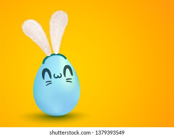 Vector lettering for Easter. Vector banner with lettering Happy Easter and egg with kawaii face. Vector cute egg with bunny ears in kawaii style.