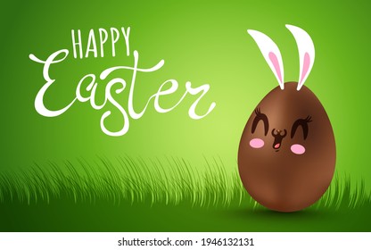 Vector lettering for Easter. Vector banner with lettering Happy Easter and chocolate egg with kawaii face.