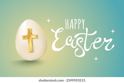 Vector lettering for Easter. Vector banner with lettering Happy Easter and egg with golden cross.