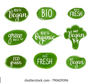 Vector lettering eco green nature organic vegan badges design set