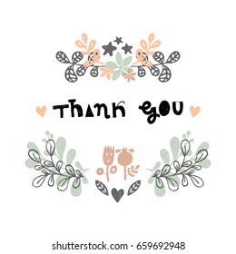 Vector lettering with flower and branches. Cute postcard. The beauty illustration for prints, posters, web, phone case, scrapbook. Thank You.