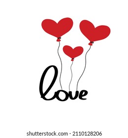 Vector lettering flying on balloons in the form of a heart. Lettering love. Valentine's day text. Doodle style.