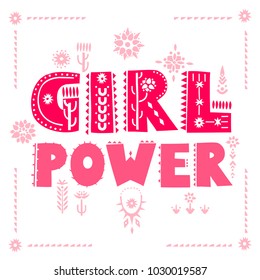 Vector lettering "Girl Power" made of patterned letters with spines. Concept of posters, postcards.