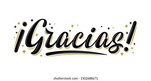 Vector lettering Gracias with stars. Handwritten modern brush lettering Gracias! on white. Text in spanish for postcard, invitation, T-shirt print design, banner, poster, web, icon. Isolated vector