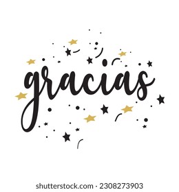 Vector lettering Gracias with stars. Handwritten modern brush lettering Gracias! on white. Text in spanish for postcard, invitation, T-shirt print design, banner, poster, web, icon. Isolated vector.