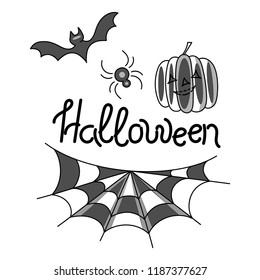 Vector  lettering for Halloween. Bat, spider, spider web, pumpkin.