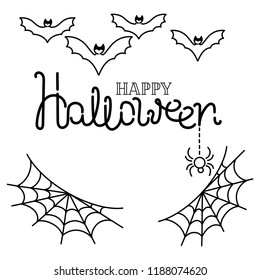 Vector  lettering for Halloween. Bat, spider, spider web.