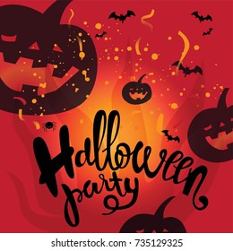 Vector lettering for Halloween with pumpkins. Happy Halloween festive design. For greeting card or poster. Vector illustration. Eps 10