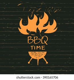 Vector lettering hand drawn logo with fire for barbecue party. Illustration with sparks of fire for BBQ time.  Print restaurant menu, posters, banner.