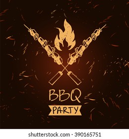 Vector lettering hand drawn logo with fire for barbecue party. Illustration with sparks of fire for BBQ time.  Print restaurant menu, posters, banner.
