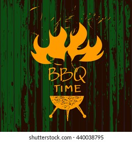 Vector lettering hand drawn logo with fire for barbecue party. Illustration with sparks of fire for BBQ time on wood background.  Print restaurant menu, posters, banner.