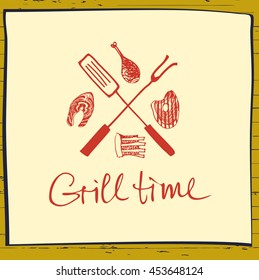 Vector lettering hand drawn logotype home meat event. Illustration corporate identity for grill time party. Logo for restaurant and cafe.