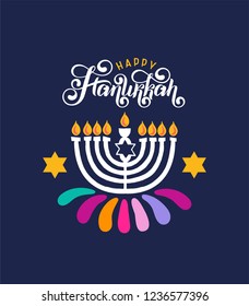 Vector lettering hand written text Hanukkah, candle icon isolated. Jewish Festival of Lights celebration, festive background, menorah symbol, David Star. Happy Hanukkah holiday greeting card template