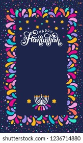 Vector lettering hand written text Hanukkah, candle isolated. Jewish Festival of Lights celebration, festive frame, border, menorah symbol, David Star. Happy Hanukkah holiday greeting card template
